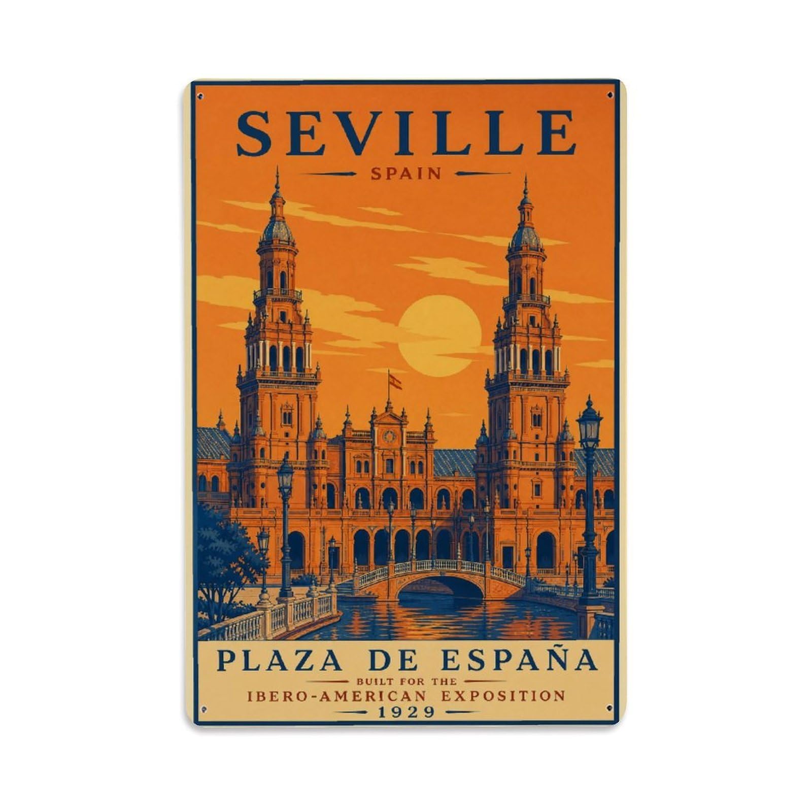 Yrnq 08X12inch Vintage Style Vintage Plaza Espana Towers Sunset Orange Glow Spain Metal Tin Sign