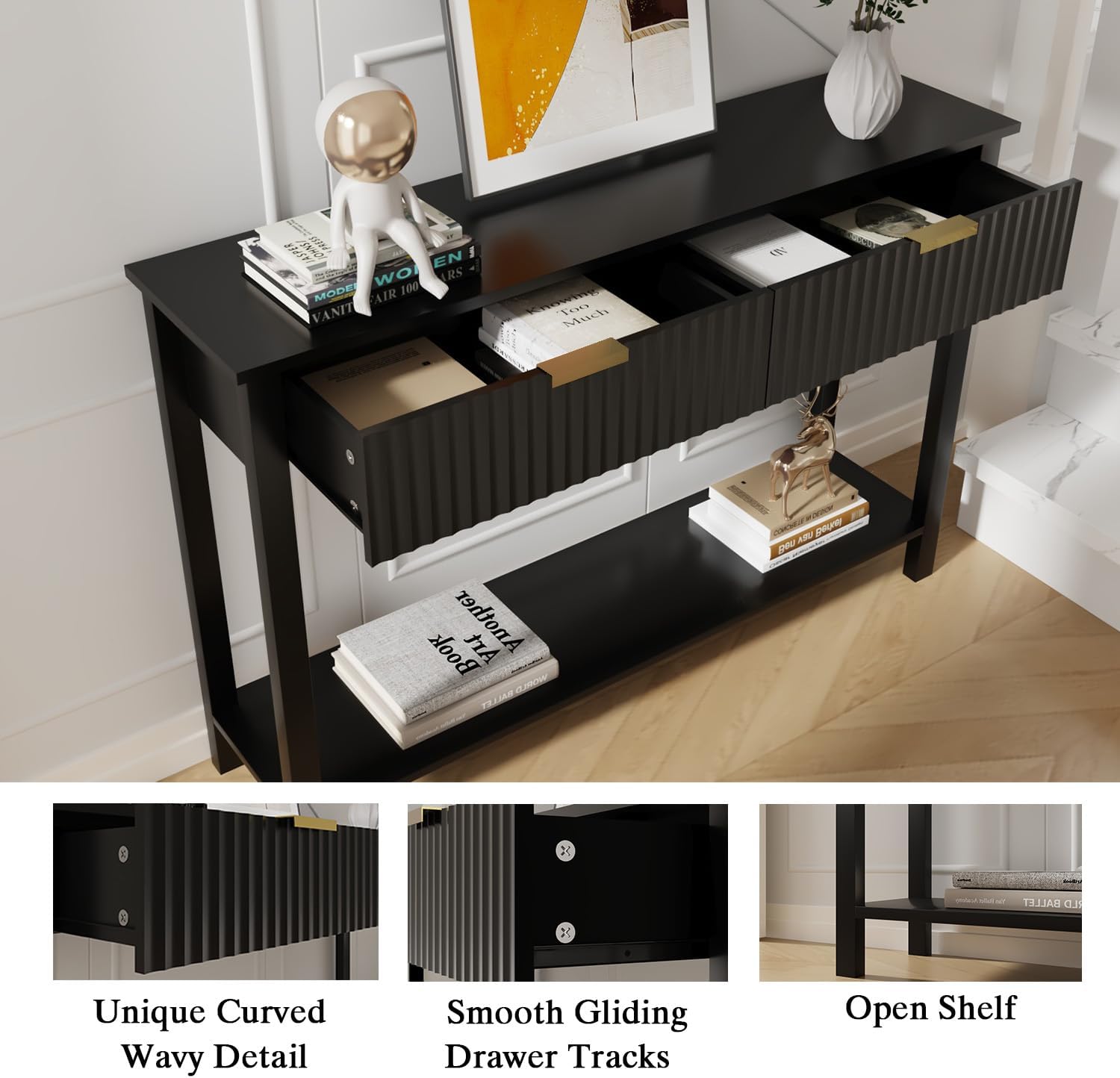 Close-up view of the CHUWELL Black Entryway Console Table showing the unique curved wavy detail on the drawer fronts, smooth gliding drawer tracks, and the open shelf below.