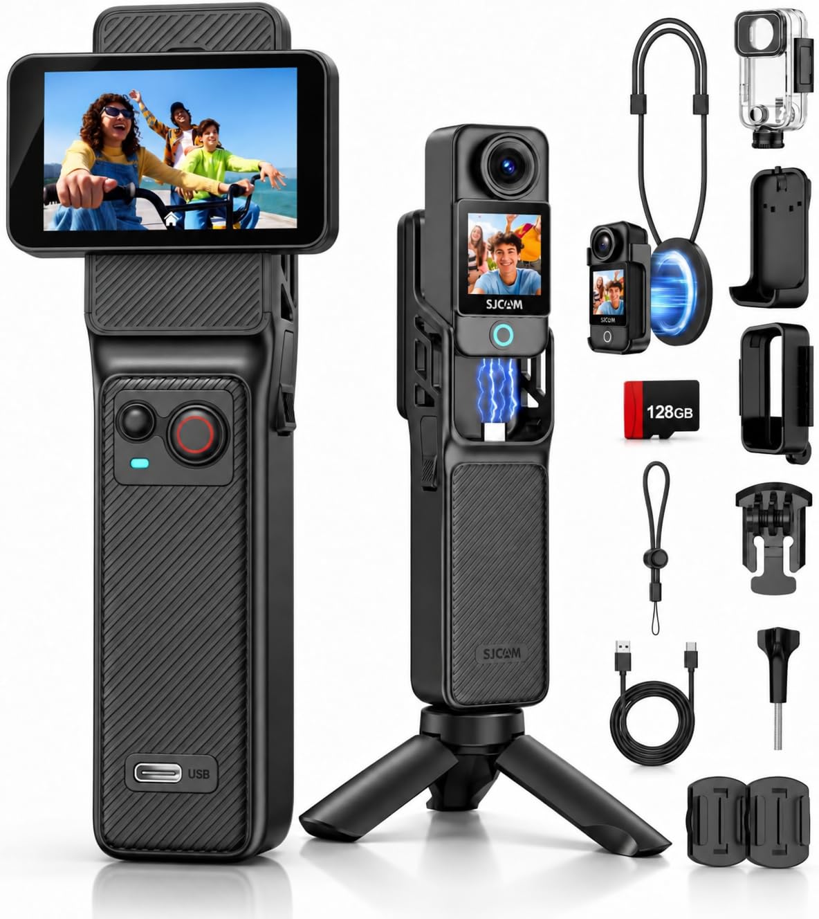 SJCAM C400 4K Content Creator Camera,128GB Card,7H Power|2.29'' Touch Screen Handheld Video Camera for Recording,6-Axis Stabilisation Travel Pocket Camera for Vlogging,30m Waterproof Action Camera