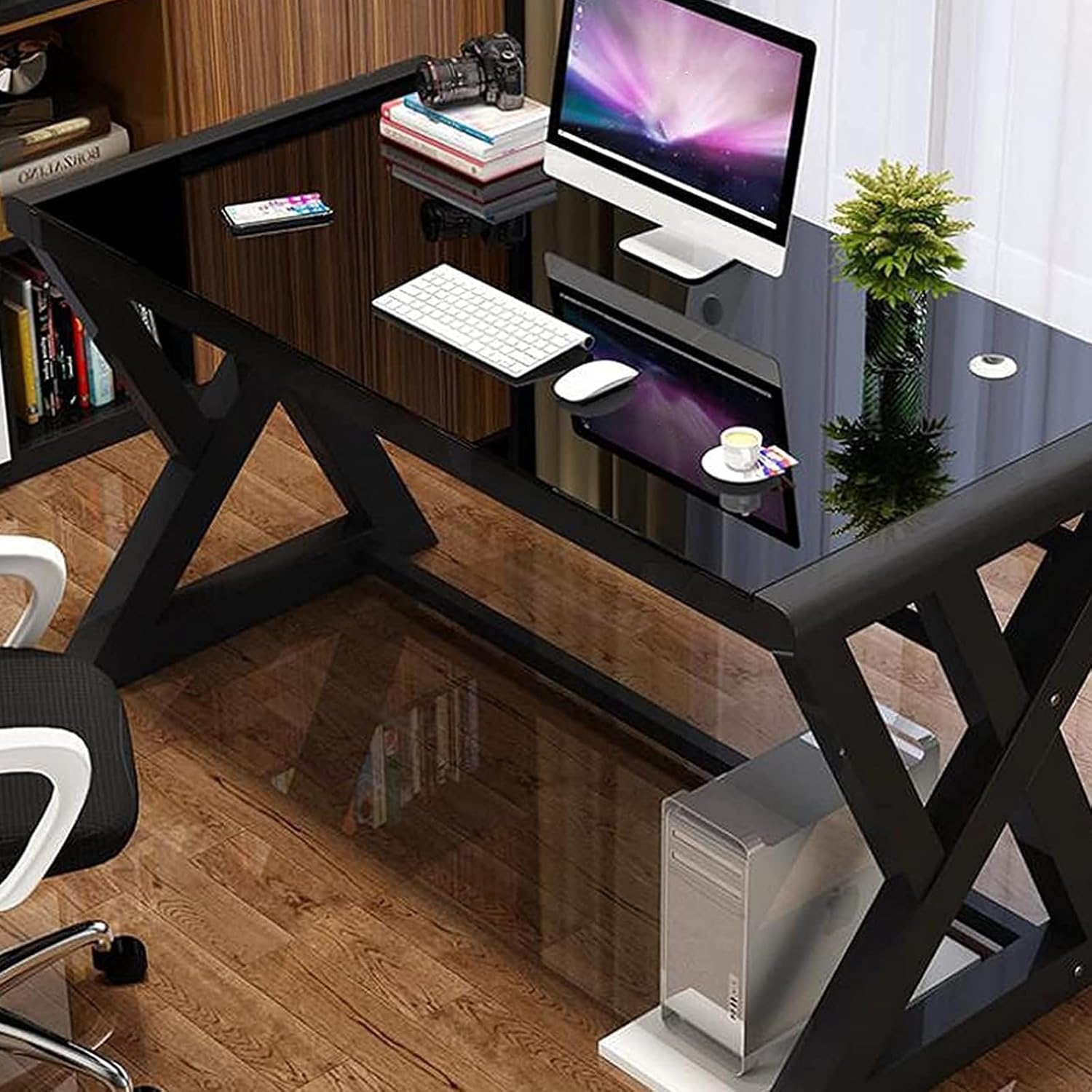 Computer Desk Glass Top Metal Frame, 55.1" Home Office Desks & Workstations- Modern Home Office Writing Gaming Study Work Glass Computer Table Desk