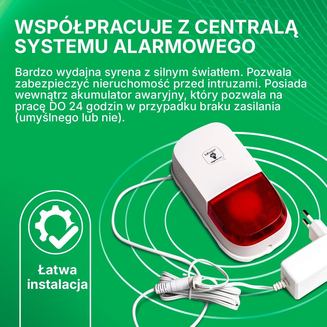 Zewnętrzna syrena antywłamaniowa z dźwiękiem 95 dB | Zawiera adapter 12 V i baterię zapasową | Obowiązuje do użytku jako autonomiczny system alarmowy