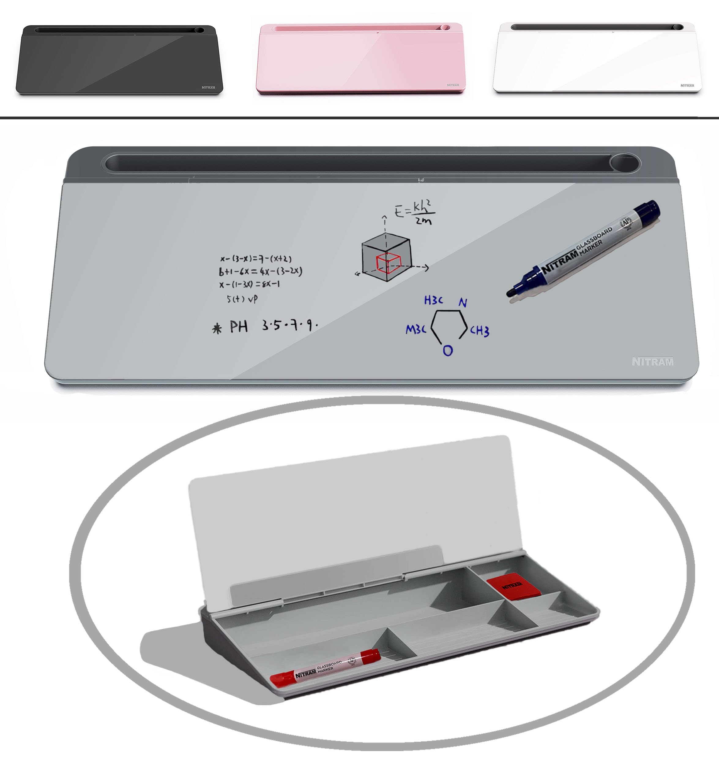 NITRAM Lavagna da scrivania o ufficio in vetro con cassetto portaoggetti e scomparto per accessori Dimensioni: 40,5 x 18,5 x 6 cm con cancellino.e 2 pennarelli (Grigio)