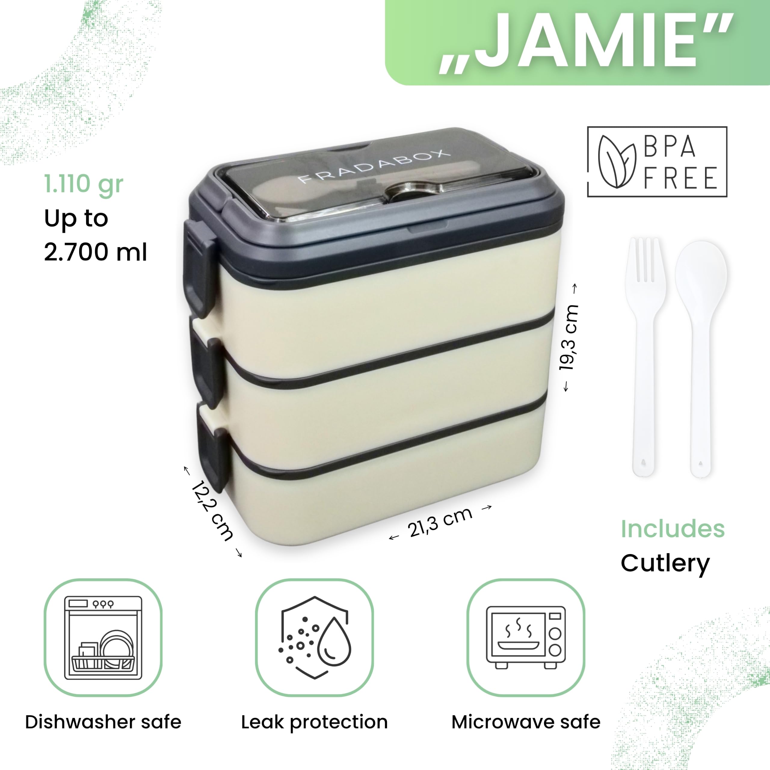 Bento Boîte à déjeuner « Jamie » 2700 ml, à 3 étages, avec couverts et compartiments, en acier inoxydable de qualité supérieure, sans BPA, grande, pour adultes, anti-fuite et passe au