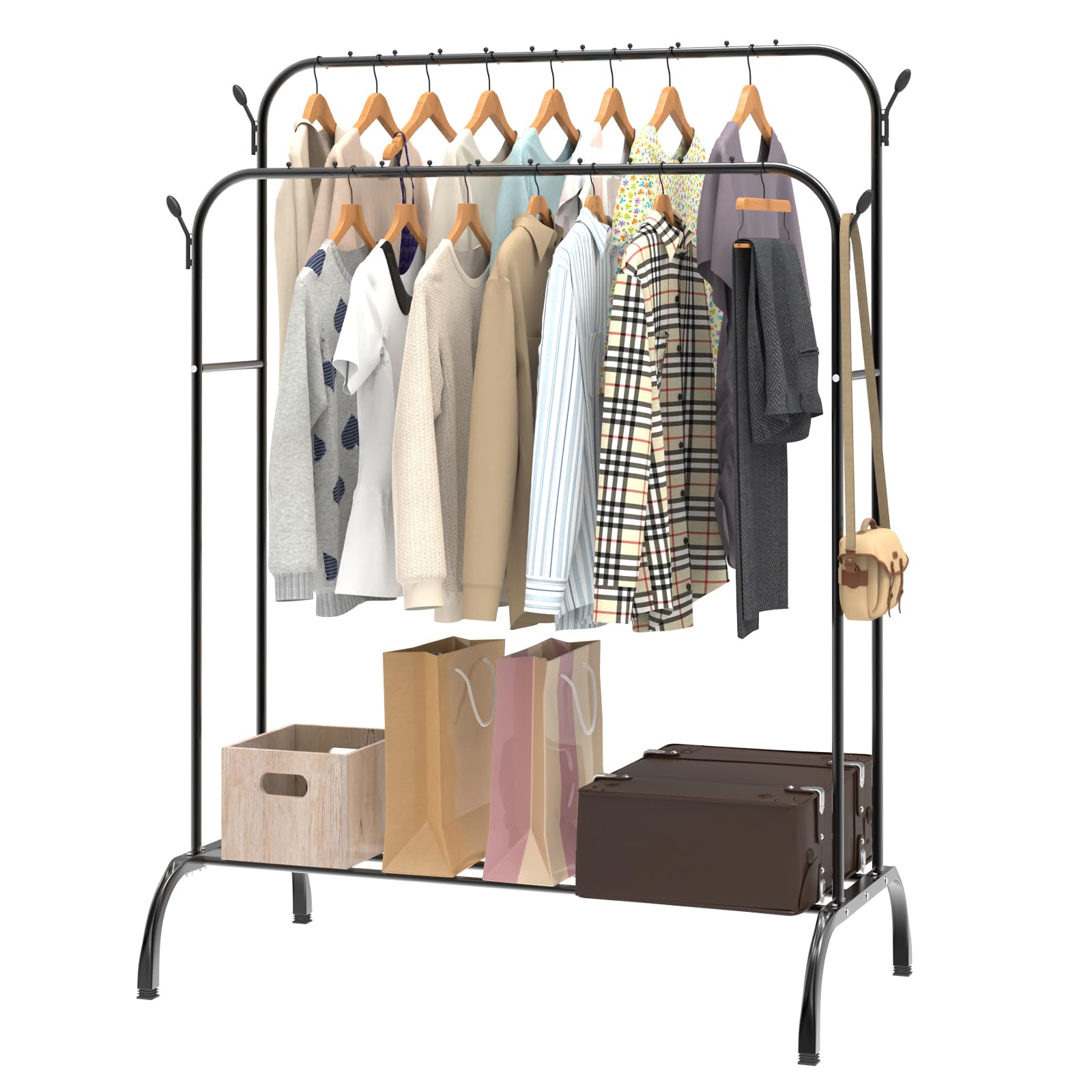 150cm Heavy Duty Clothes Rail with Double Hanging Clothing Rail, Coat Hooks, Bottom Shoe Rack/Storage Shelves, Freestanding Wardrobe Clothes Rack Shelf for Home, Bedroom, Office, Shop, Coats, Skirts