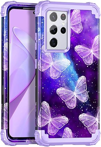 Casetego Funda compatible con Galaxy S21 Ultra 5G, diseño floral de tres capas, resistente, resistente, a prueba de golpes, funda protectora de