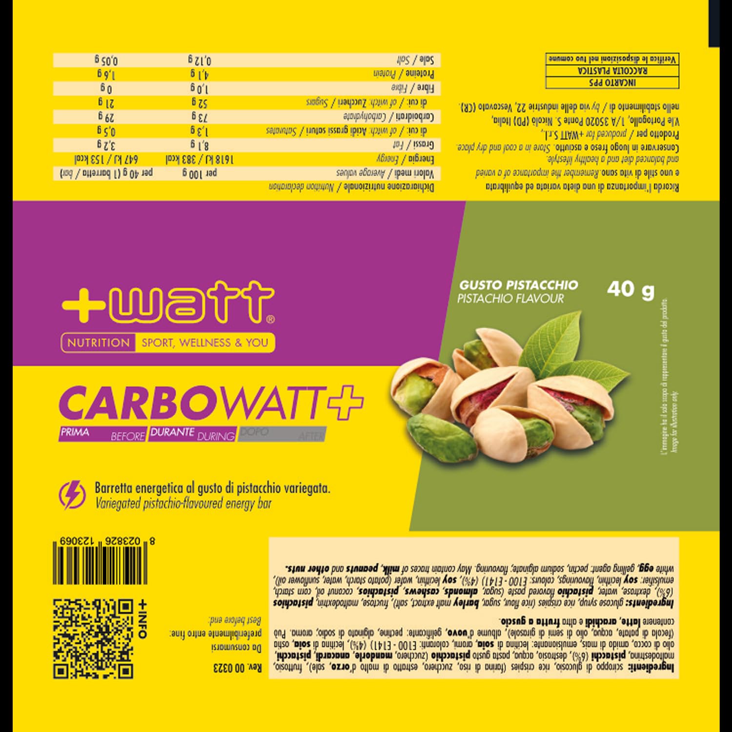 Carbowatt+ Barretta Energetica a Base di Carboidrati con Maltodestrine e Fruttosio - Barretta ad Azione Pro-energetica per il Breve e Lungo Termine (20 barrette, Pistacchio)