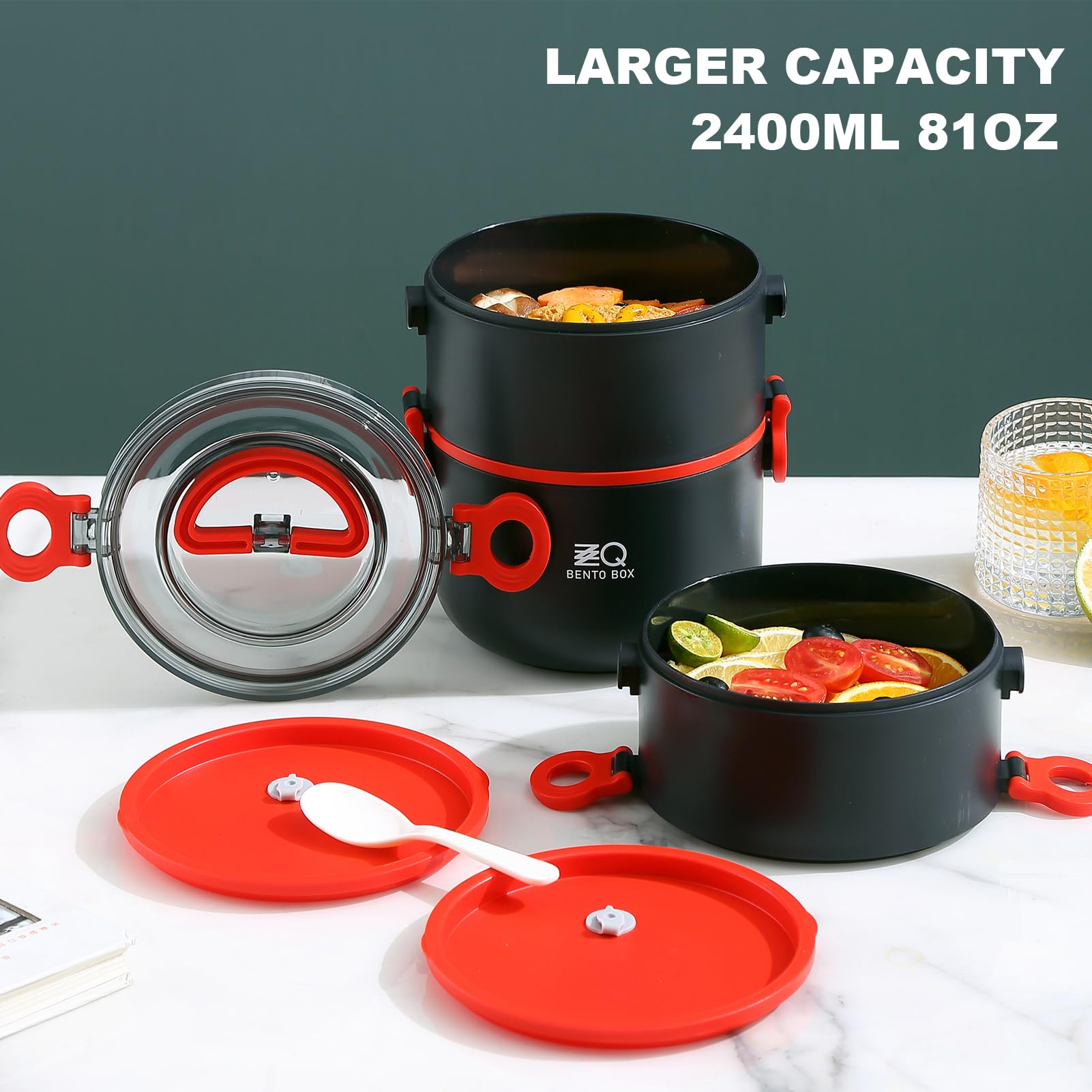 Boîte à déjeuner Bento pour adultes/adolescents, boîtes à déjeuner empilables à 3 niveaux avec sac – Cuillère intégrée, boîtes à salade sans BPA, anti-fuite, passe au micro-ondes (noir)
