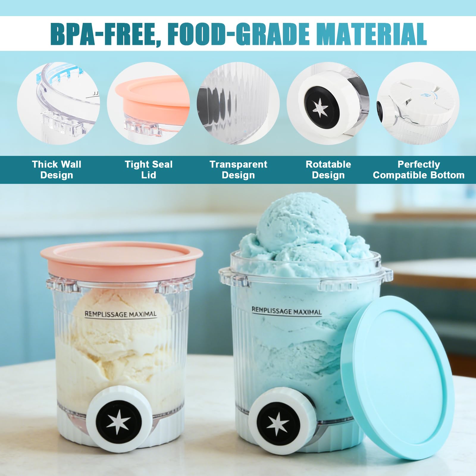 4 pièces de rechange pour Creami Swirl NC701EU 480 ml, sans BPA et lavable au lave-vaisselle, adaptés aux accessoires pour machines à glaces et à glaces à l'italienne