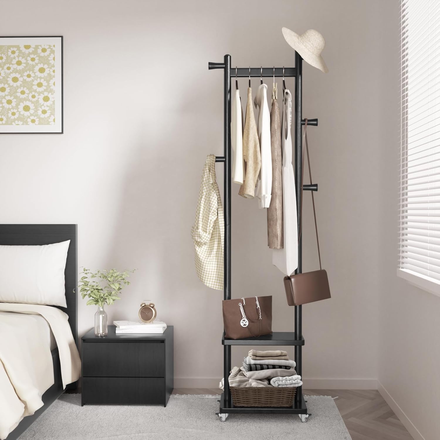 Coat Rack Freestanding Clothing Rack with Wheels & 2 Shelves Storage & 5 Hooks Heavy Duty Clothes Rack Wood Coat Tree Stand Hat Hanger Rack for Corner Bedroom Entryway Living Room Hotel Size S Black