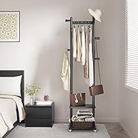 Vista 9 de Estante de abrigos de madera maciza independiente con ruedas y 2 estantes de almacenamiento y 5 ganchos, estante de ropa resistente, árbol de Madera