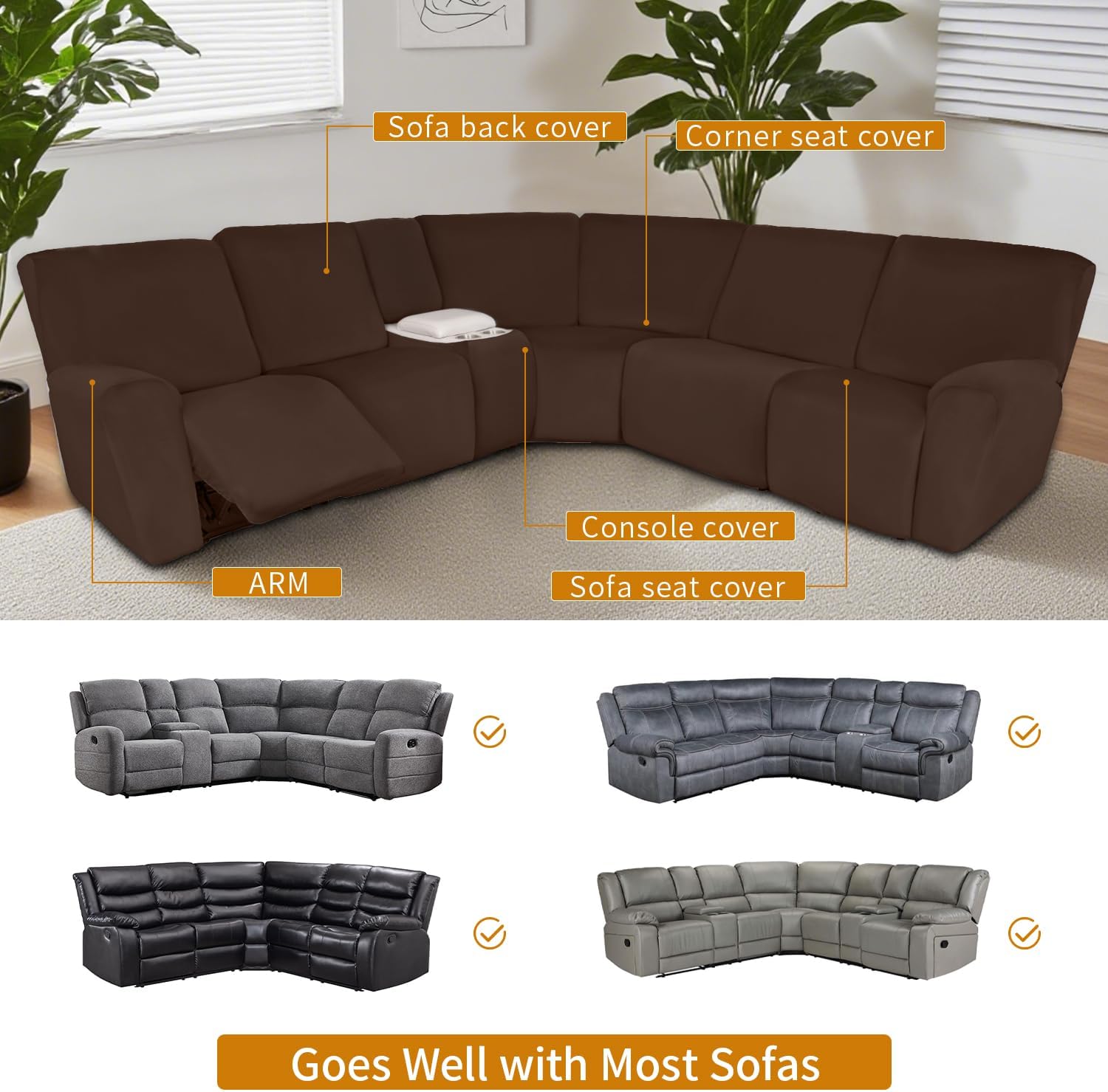 HDCAXKJ Reclining Sectional Couch Covers Velvet L Shaped Sectional Sofa Cover Washable Stretch Soft Corner Recliner Slipcover with Non-Slip Elastic Bottom (XL 5 Seat and 1 Middle Console, Nut Brown)