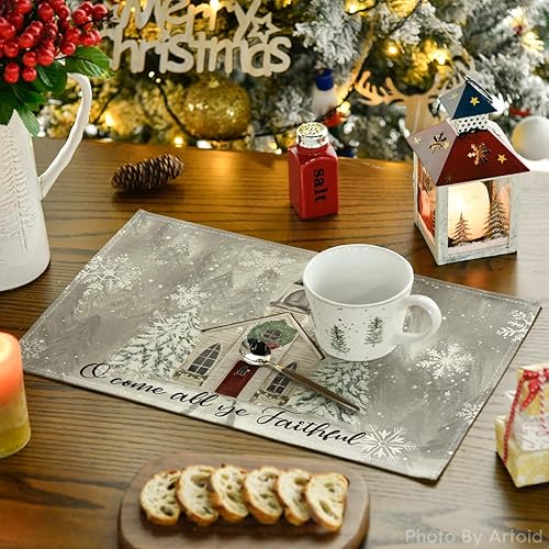 Miniatura 3 de Artoid Mode Juego de 4 manteles individuales con diseño de árboles de Navidad, copos de nieve, de 12 x 18 pulgadas, para decoración de fiestas,