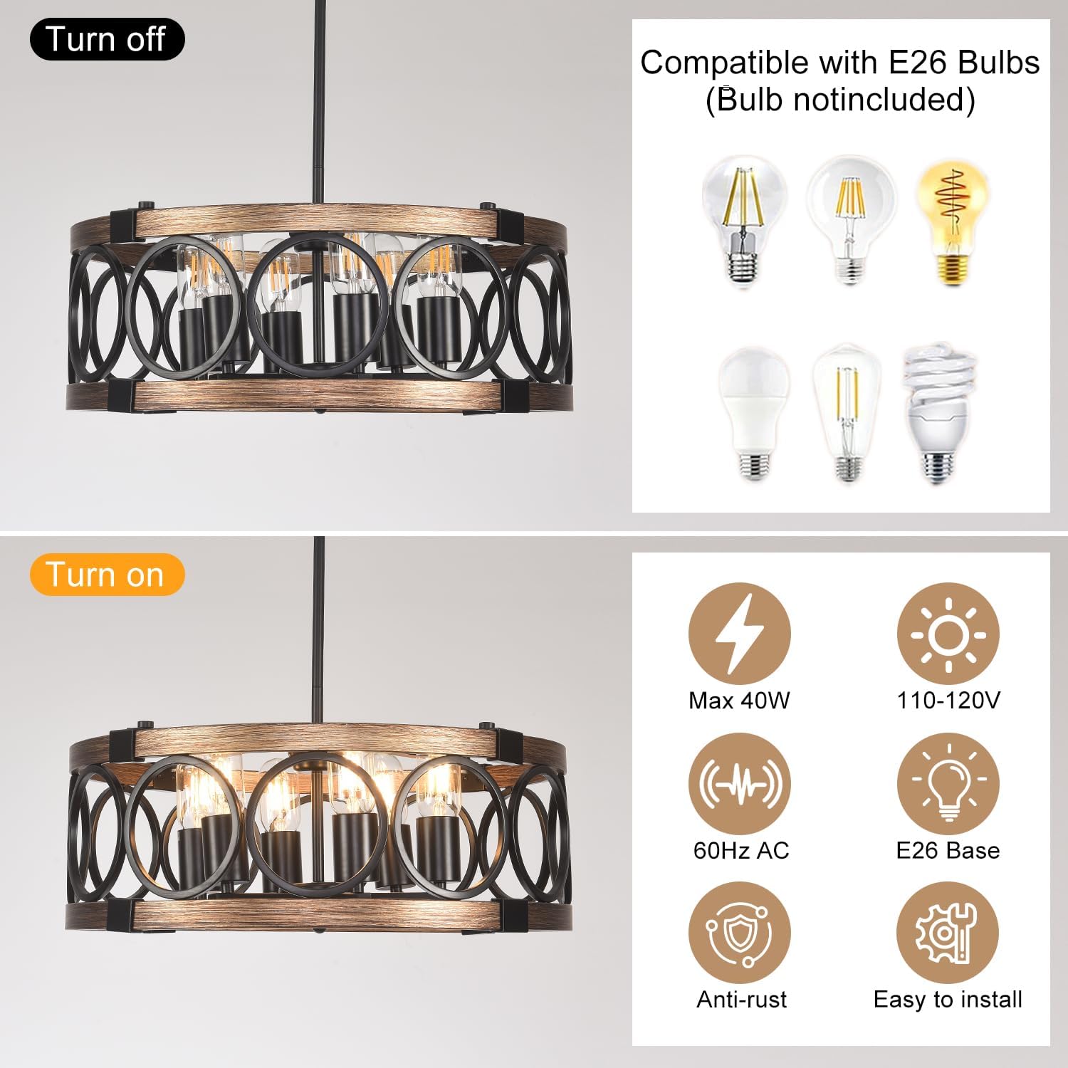 Semi Flush Mount Ceilnig Light,6-Light Farmhouse Chandelier Rustic Light Fixture Ceiling Mount 19.7" Vintage Drum Chandelier for Dining Room Light Fixtures for Kitchen