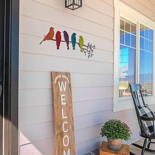 Vista 26 de Ferraycle Arte de pared de pájaro de metal, pájaros en rama con hojas, letrero de metal para colgar en la pared para balcón, jardín, decoración