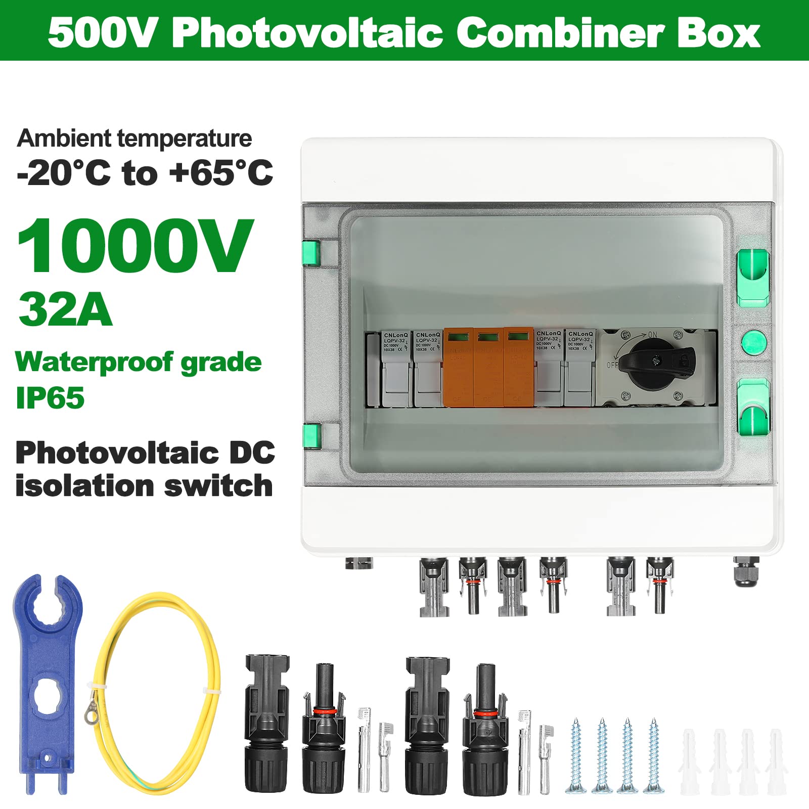 BuyWeek Scatola Combinatrice Fotovoltaica, Scatola di Distribuzione Solare IP65 Impermeabile con Fusibili da DC 15A, Interruttore di Isolamento 32A DC 1000V e Scaricatore 2P DC 1000V 40KA