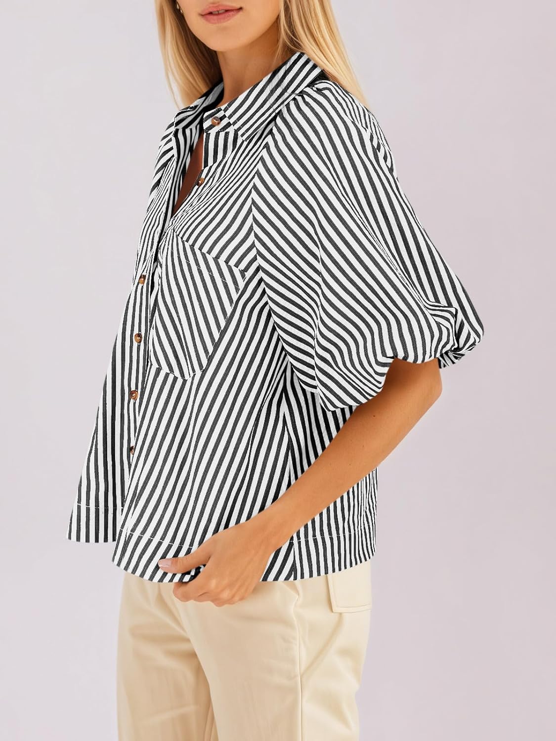 Tankaneo Womens Short Puff Sleeve Button Down Shirts Striped Trendy Casual Loose Fit Blouse V Neck Collared Tops - Image 4