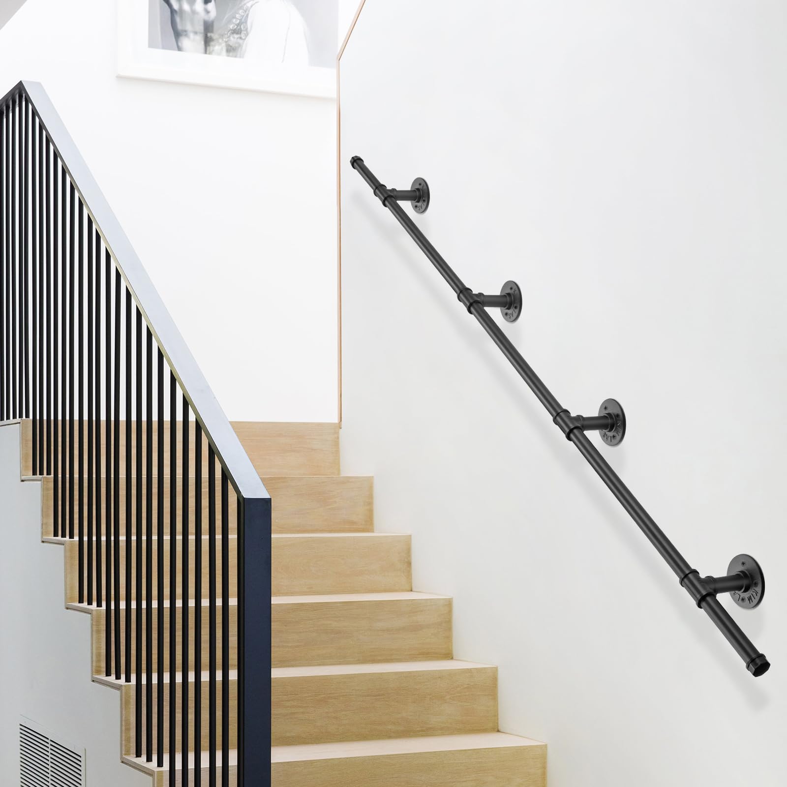 TANiCE Pasamanos Escalera 150 cm Negro de Acero Galvanizado Antideslizante Barandilla de Pared para Interior y Exterior con Soporte Seguro para Ancianos y Niños, Fácil Instalación Multifuncional