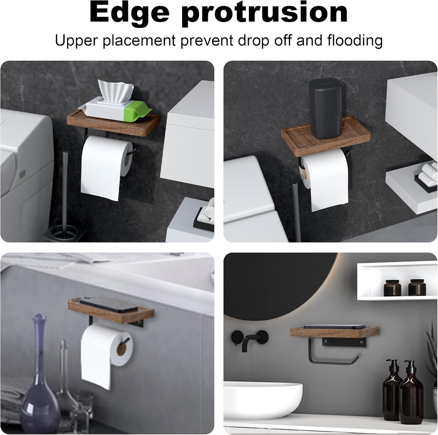 Toilet Paper Holder with Black Walnut Wood Shelf, Wall Mounted & Adhesive Mounted Wooden Shelf for Hanging Roll Tissue, Place Phone, Aromatherapy for Bathroom, Washroom