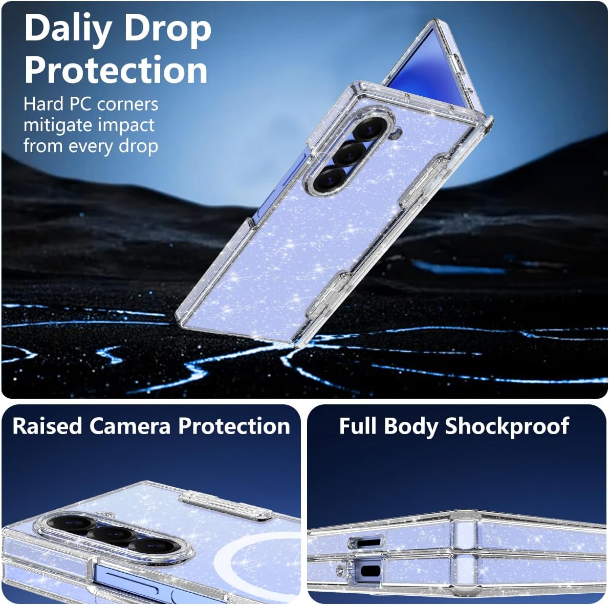 Meshine for Galaxy Z Fold 6 Case Magnetic,[Compatible with MagSafe][Hinge Protection][Built-in Screen Protector],Shockproof Women Girls Hard Case for Samsung Galaxy Z Fold 6(2024),Glitter Clear