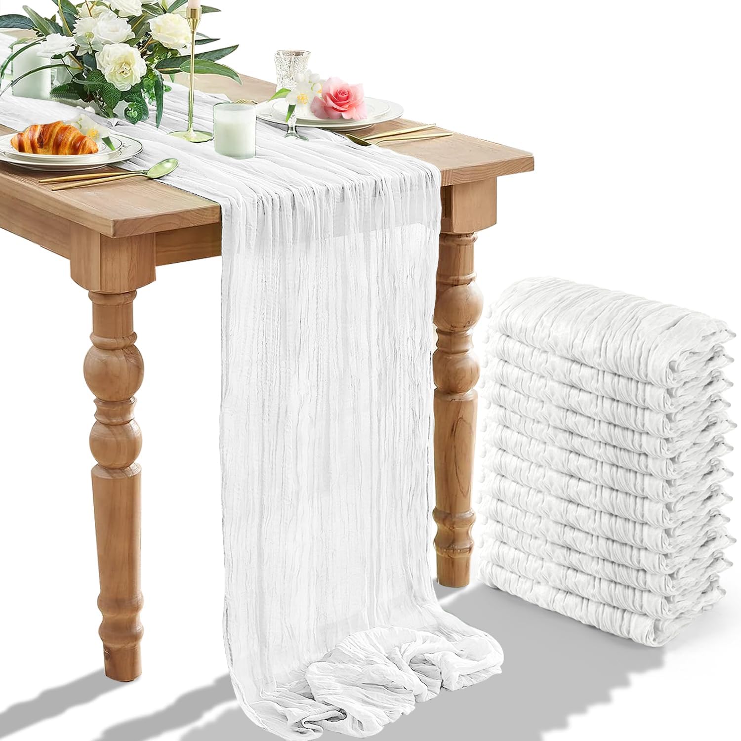 12 Packs Cheesecloth Table Runner, 35''x 120'' Wrinkled Gauze Cheese Cloth Table Runner Boho,Romantic Centerpieces for Tables,Versatile Tablecloth for Wedding/Party Decorations (White)