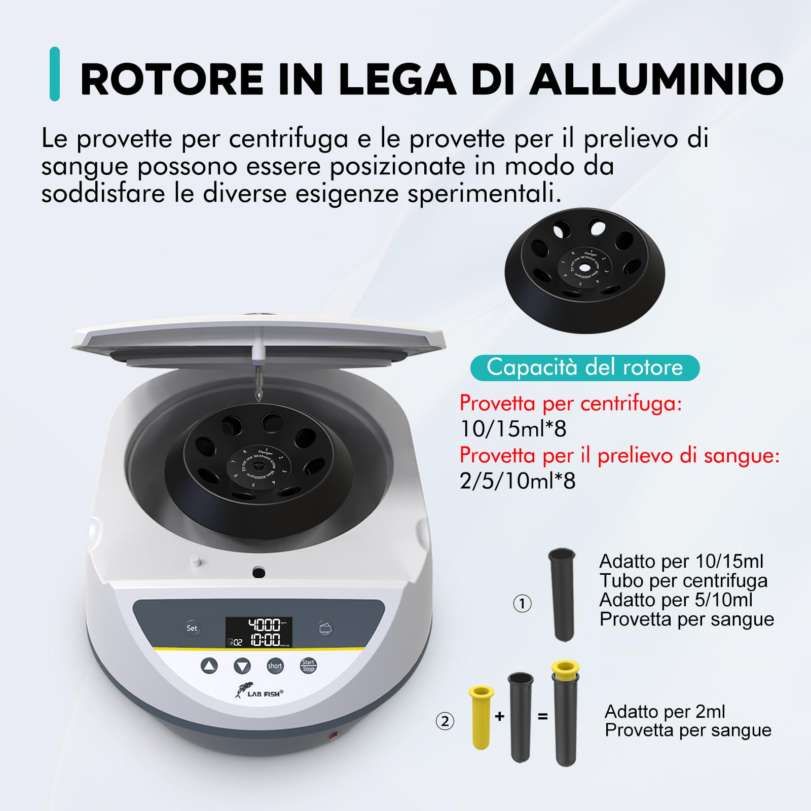 LABFISH PRP Centrifughe da Laboratorio Capacità 8x2/5/10/15ml Tubi per centrifuga, controllo a bassa velocità 500-5000r/min, Max 3074xg RCF, gamma di timer per medico/sangue/siero/plasma