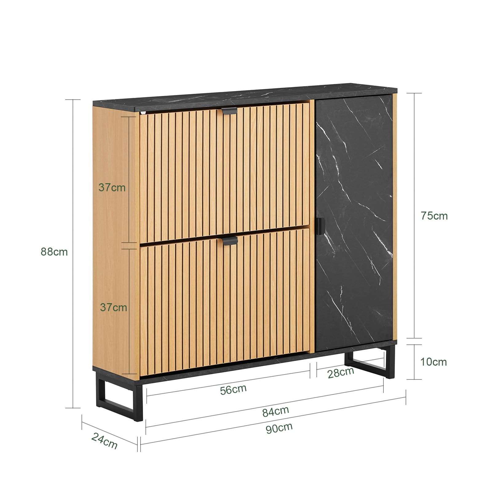 SoBuy Zapatero Entrada Recibidor Estrecho con Cajones Abatibles y Armario Lateral, Mueble Recibidor Estilo Nórdico, Ahorra Espacio - Negro y Roble Claro, 90x24x88cm, Carga 60KG - FSR203-N