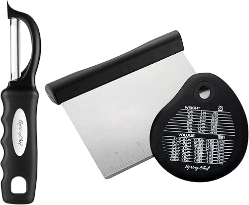 Spring Chef Pelador de verduras giratorio de alta calidad y raspador de banco de acero inoxidable con raspador de cuenco adicional, paquete de 2