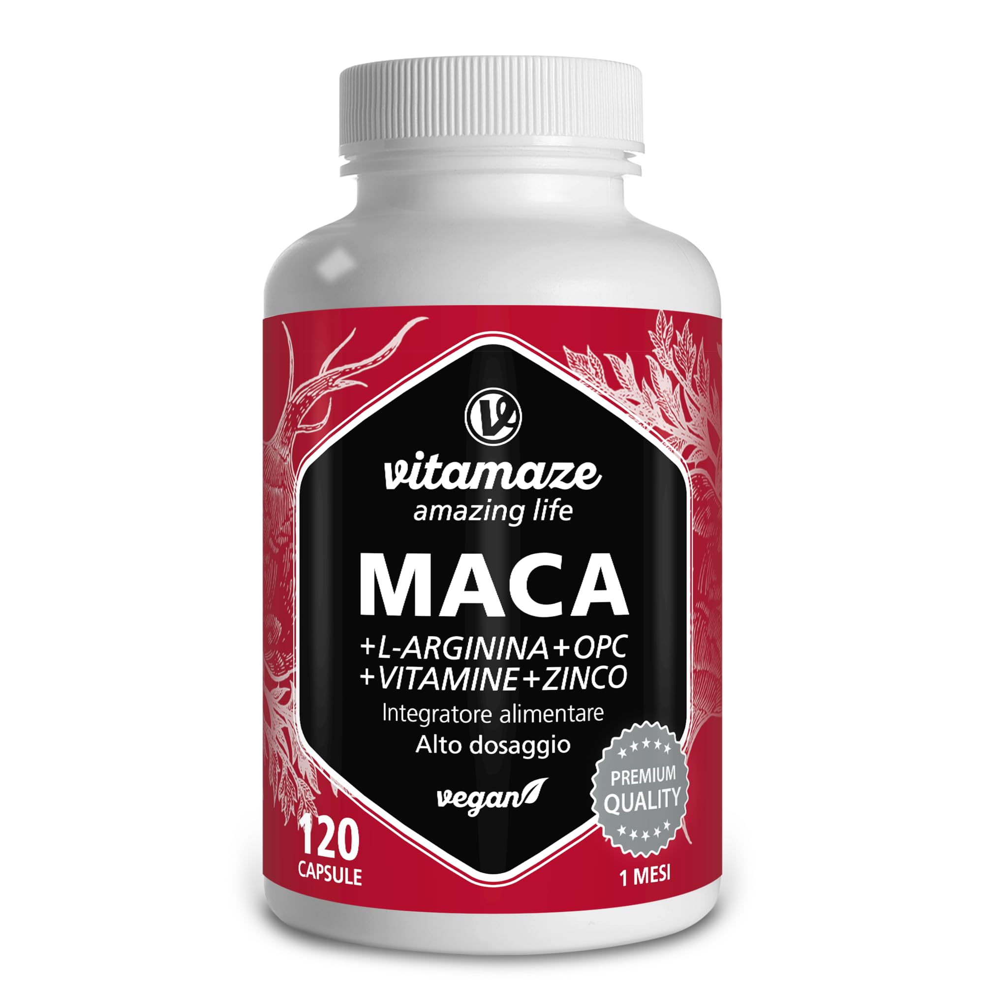Maca Peruviana + Testosterone Massa Muscolare con L Arginina, OPC Resveratrolo con Vitamina B6, Vitamina B12 + Zinco, 120 Capsule di Integratore Sessuale Uomo Vegan, Qualità Tedesca. Vitamaze®