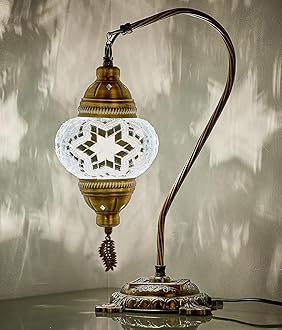 DEMMEX Turkish Moroccan Mosaic Table Lamp–Handcrafted Tiffany-Style Colorful Glass Swan Neck Bedside, Desk Light, Boho Artisan Accent Lighting for Bedroom, Living Room–38cm H, White-Clear