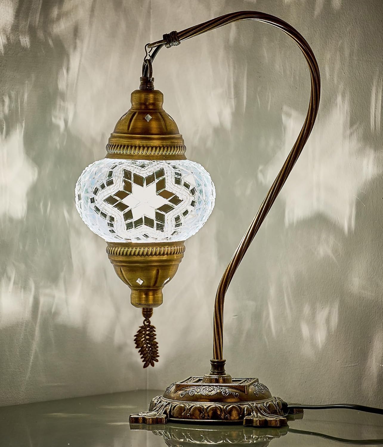 DEMMEX Authentic Turkish Lamp, Made in Turkey, Turkish Moroccan Mosaic Table Bedside Lamp, 100% Handcrafted, Antique Brass Color Metal Body and Decorated Metal Base, 15", White-Clear [Energy Class A++]