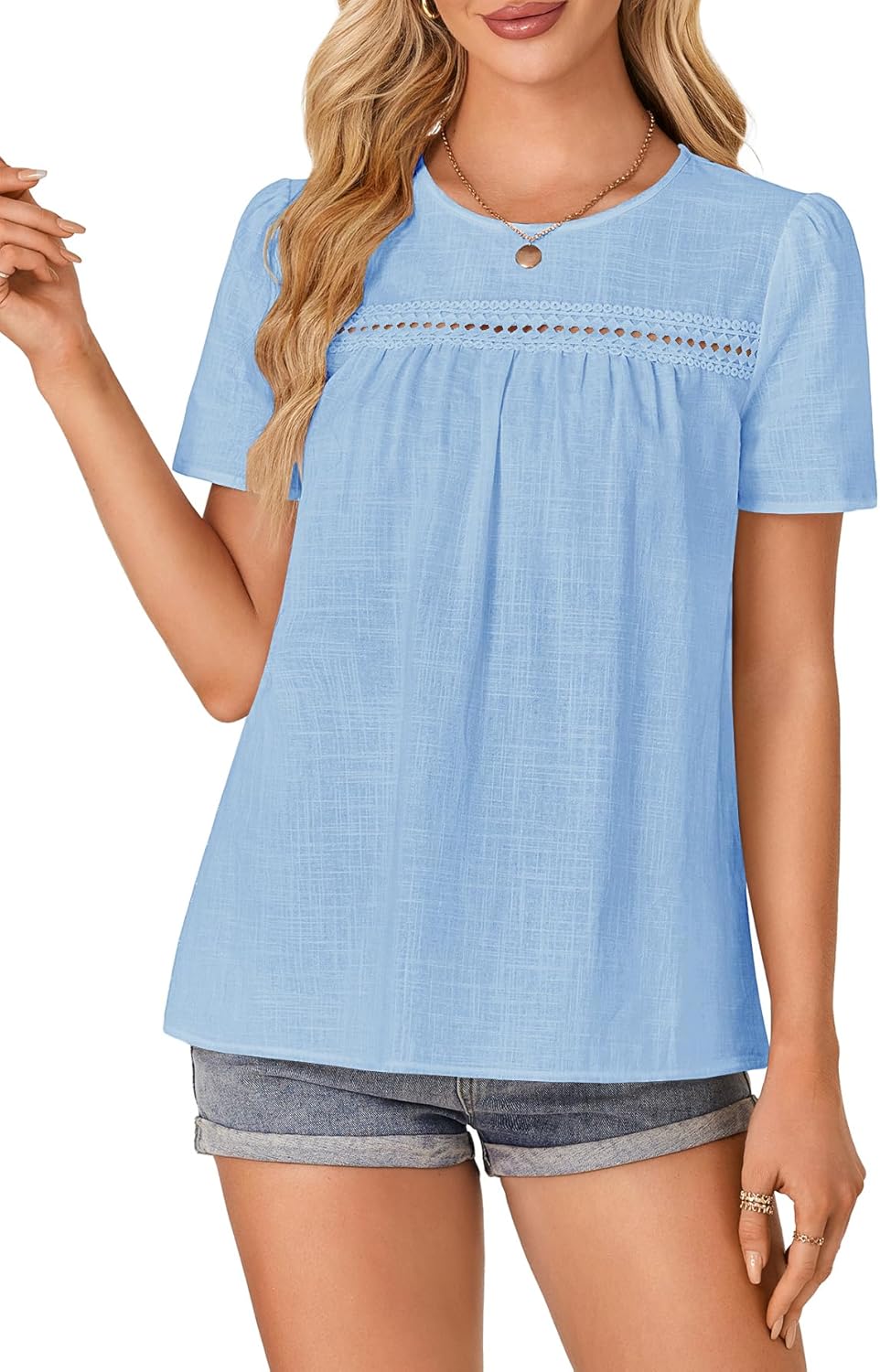 Vrtige Women's Crewneck Lace Crochet Shirt Eyelet Short Sleeve Casual Blouse Shirt Top - Image 2