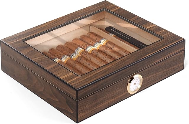 Cigar Humidor Box, Desktop Humidor Case, Wooden Cigar Storage Box with Divider, Humidor and Hygrometer, Holding 20-30 Cigar