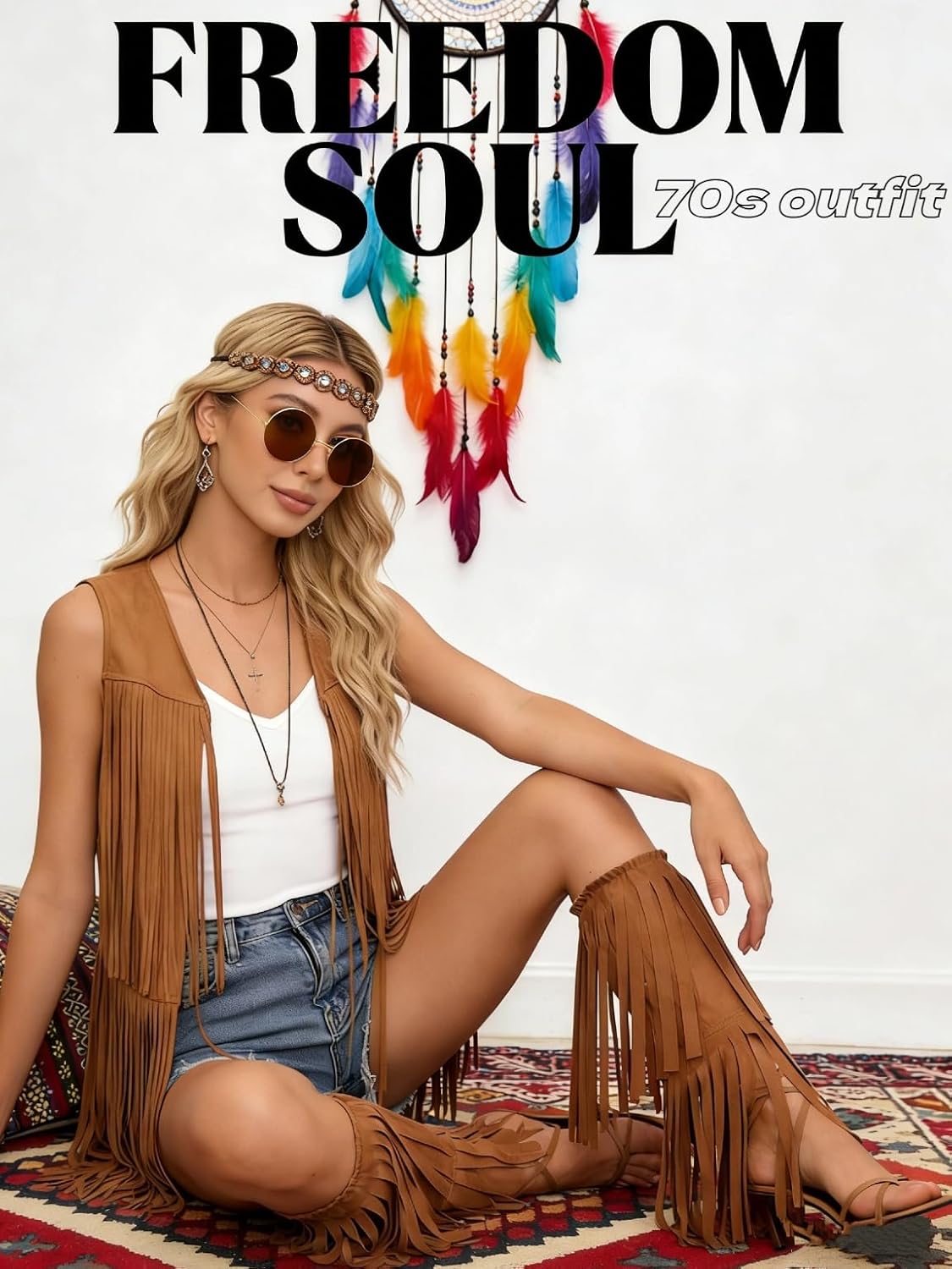 Verceco Hippie Costume for Women 60s 70s Retro Disco Outfit with Fringe Vest Adult Hippie Accessories and Boot Covers 5PCS