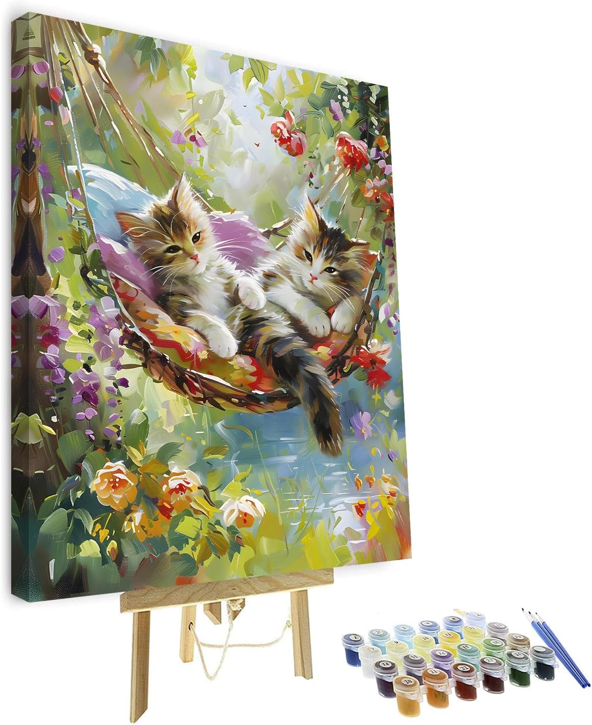 Rebotipy Watercolor Two Cats Paint by Numbers, Hammock Garden Cat Paint by Numbers Kit for Adults, Cats Best Friends Enjoying DIY Paint by Number for Adults Beginners Enthusiasts 16x20inch with Frame