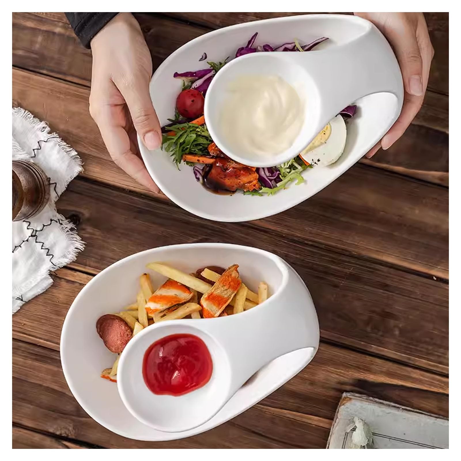 Chip- und Dip-Schüssel-Set, handgefertigte Keramik-Snackschalen mit Griffen, 2-in-1-Design für Nachos, Dessert, Vorspeisen, elegante Servierschale