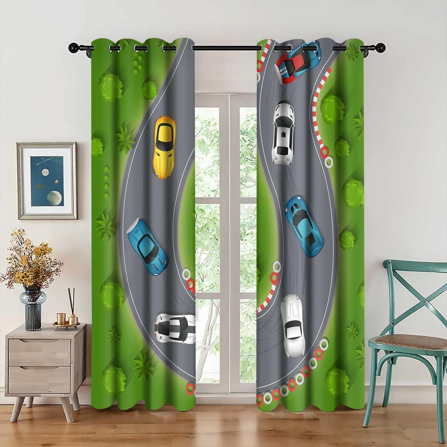 Car Racing Curtains Extreme Sports Drift Over Curves Kids Boys Motorsports Themed Blackout Curtain Green Jungle Race Track Window Treatments for Bedroom Living Room 2 Panels 42x84 inch