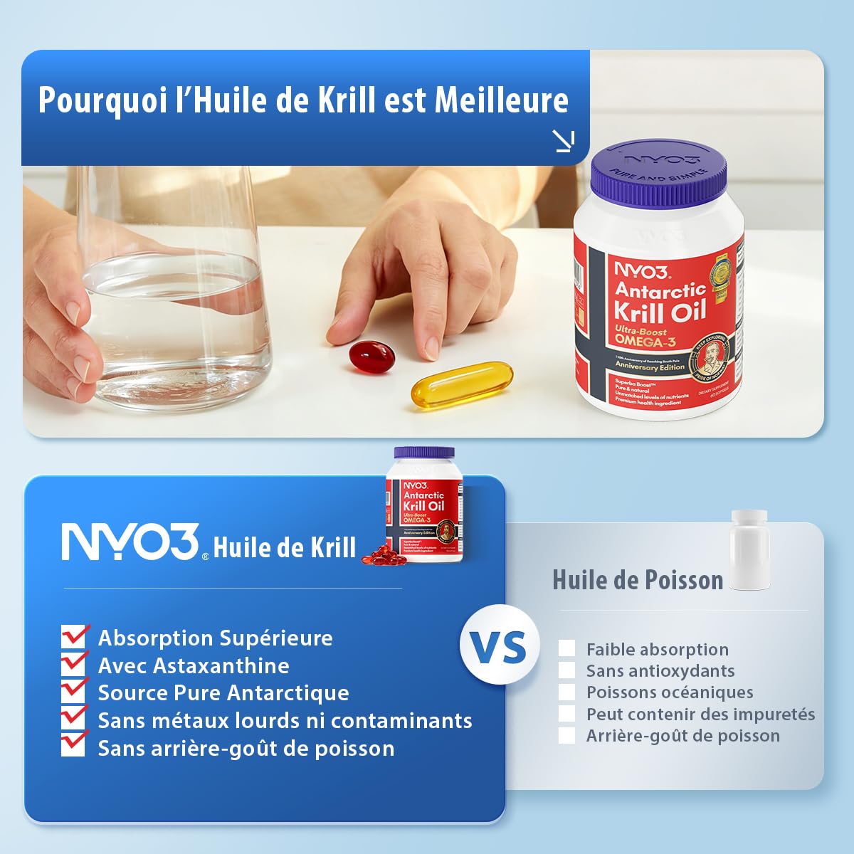 NYO3 Huile de Krill Pure d'Antarctique 1000mg Oméga-3, 56% de Phospholipides pour une Absorption Optimale des Nutriments, Complexe Choline et Astaxanthine pour le Cœur et le Cerveau, 90 Gélules