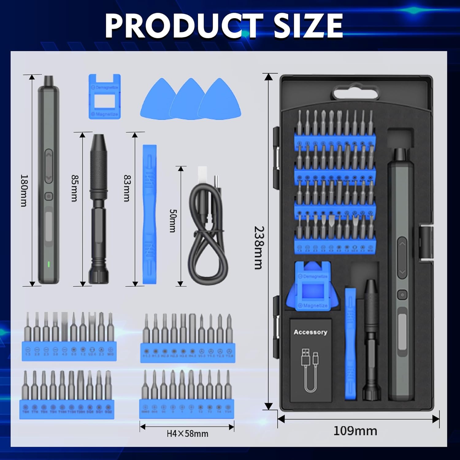 Electric Cordless Power Screwdriver - 50 in 1 Blue Mini Electric Small Power Precision Screwdriver Magnetic Storage Bit Set Repair Tool Kit Usb C Charging Rechargeable Phone Camera Laptop Watch