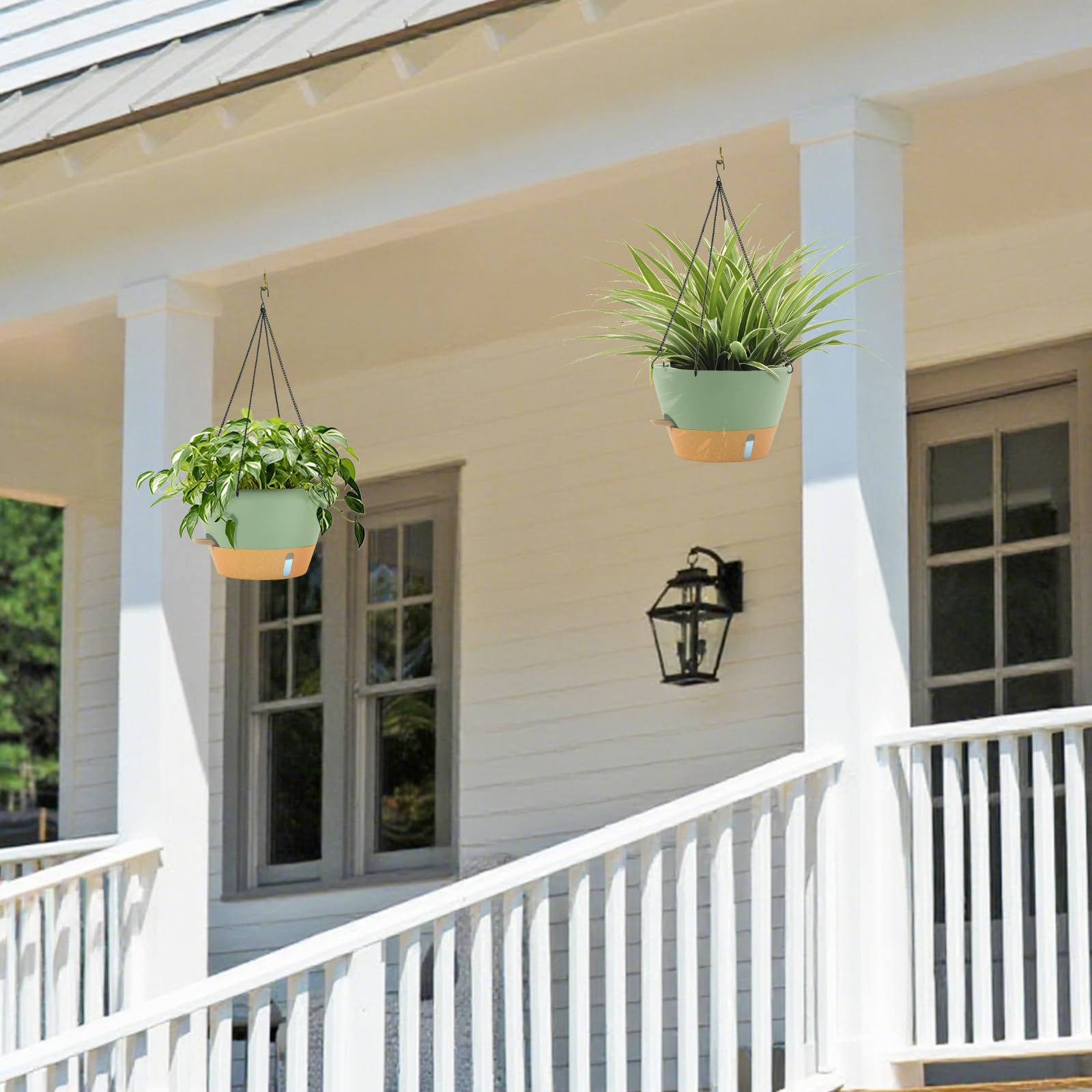 ZMTECH 30cm Selbstbewässernder Pflanztopf Hängend, 2er-Set, Blumentopf mit Untersetzer, Wasserstand-Fenster & Drainagelöchern für Innen- und Draussen, Grün