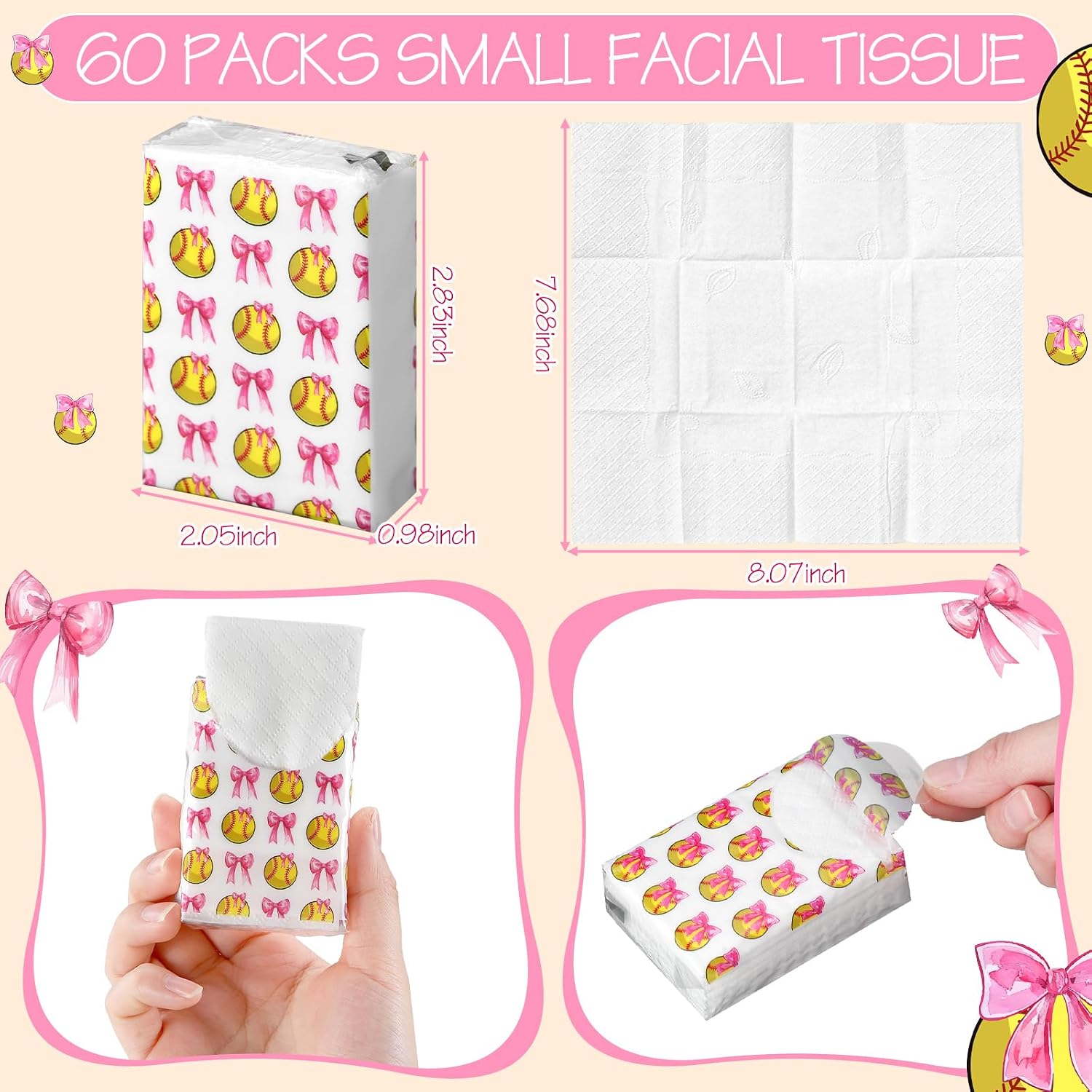 Marspark 60 Pack Softball Pocket Tissues, 3 Ply, Pink Bows Softball image 3