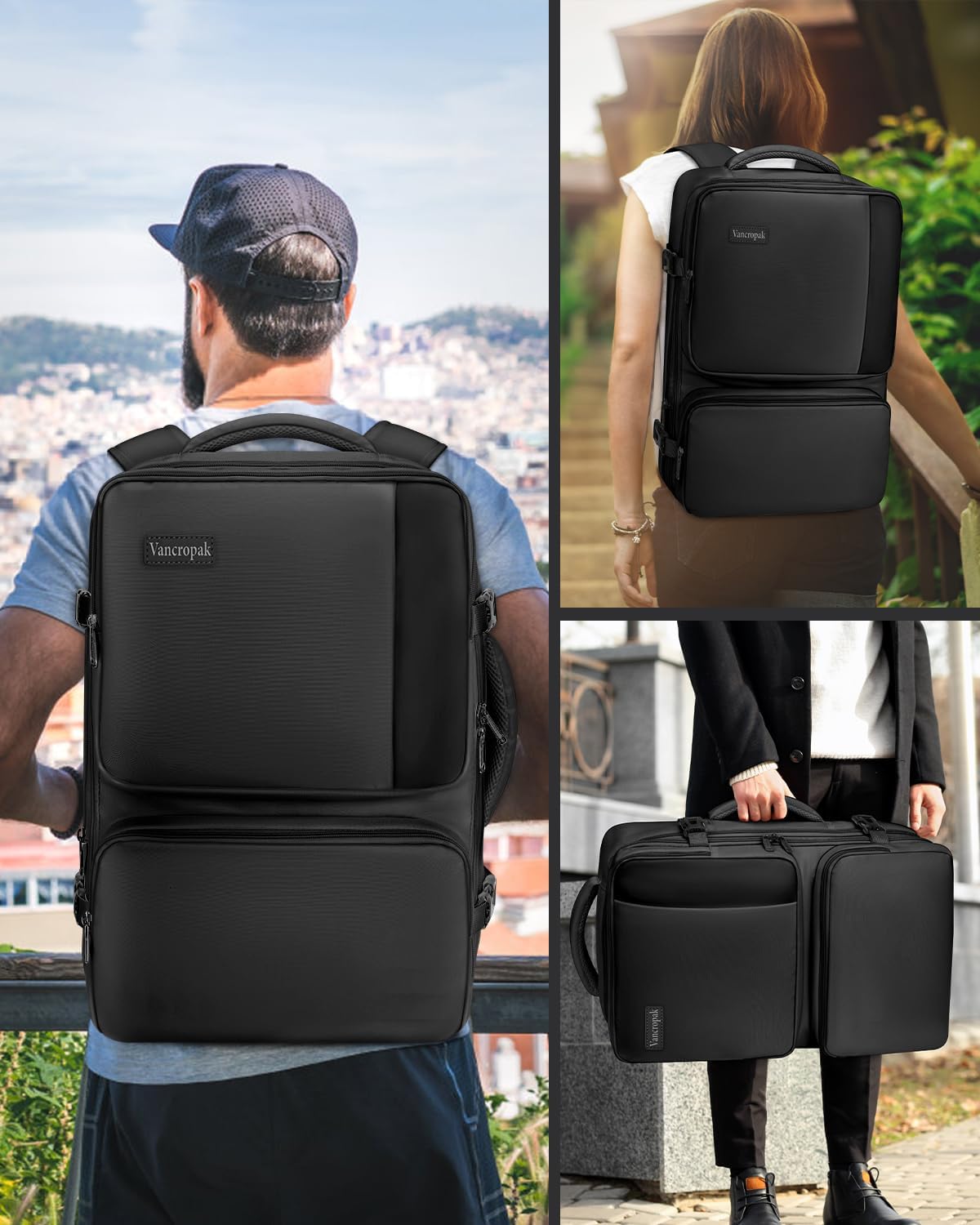 Vancropak Carry on Backpack, 47L Expandable Extra Large Travel Backpack with 3 Packing Cubes, Flight Approved Water Resistant Luggage Suitcase Weekend Duffle Bag Overnight Daypack for Men Women, Black - Image 7