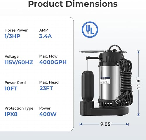 Miniatura 2 de Bomba de sumidero sumergible de 13 HP, bomba de sumidero automática de 4000 GPH con interruptor de flotador vertical para sótano, bomba de agua