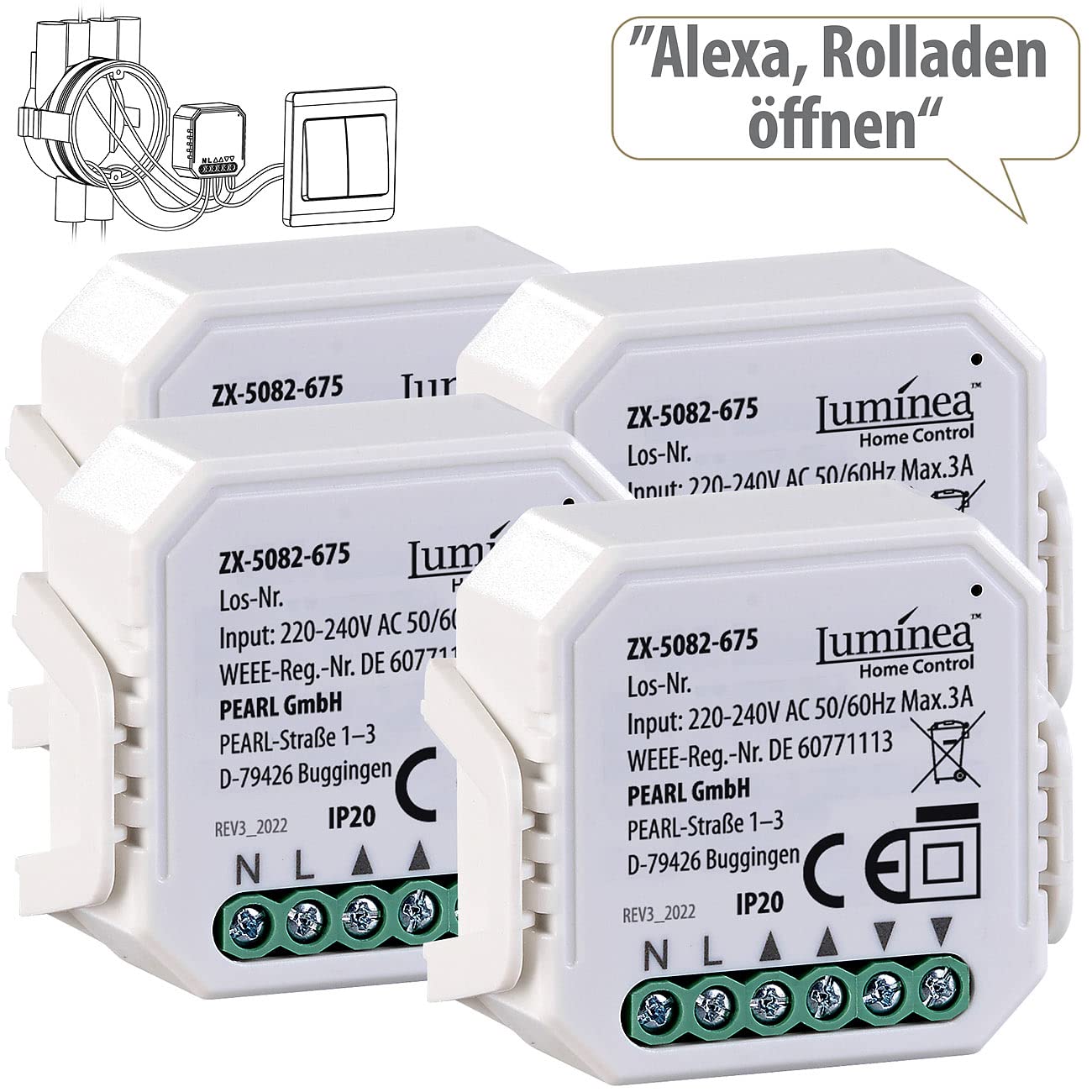 Luminea Home Control Rollosteuerung: 4er-Set WLAN-Unterputzmodule für smarte Rollladen, App & Sprachbefehl (WLAN Rolloschalter, Rollladen-Steuerung, Rolläden)