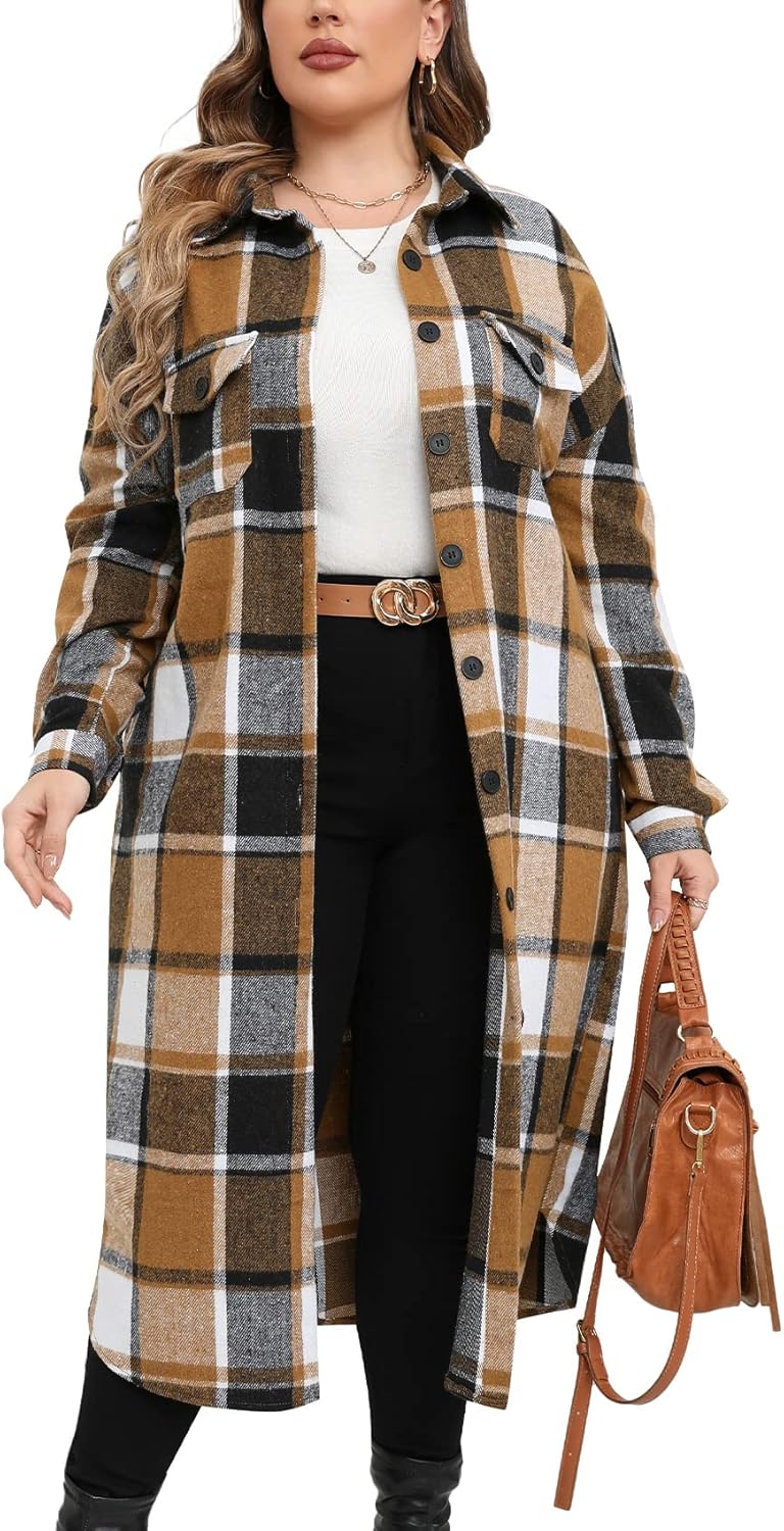 ZOMVA 2025 Women's 0X-5X Plus Size Long Flannel Plaid Shacket Jacket Oversized Button Down Coats Shirts with Pockets