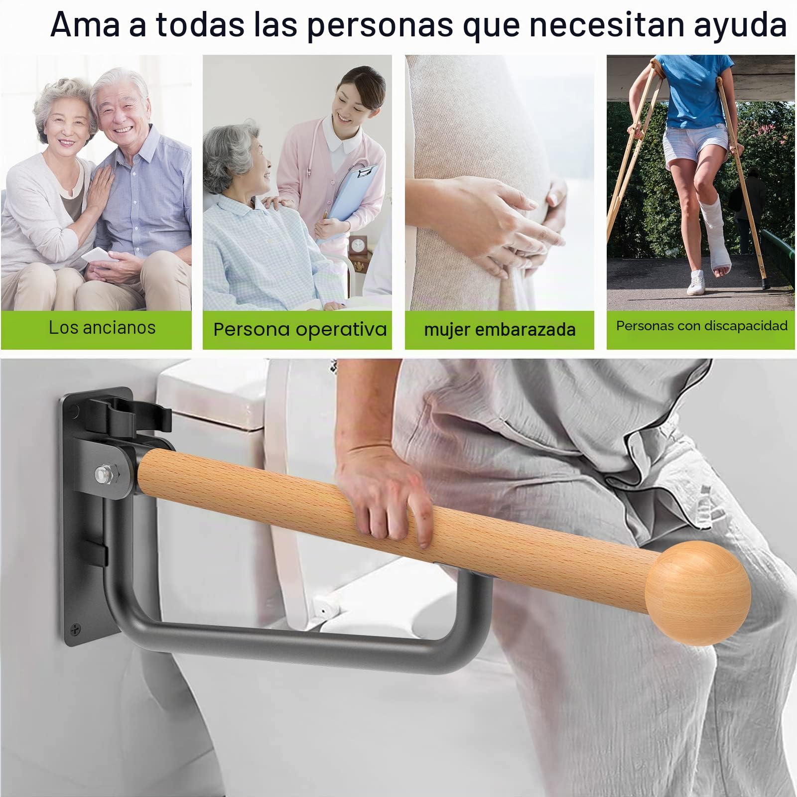 Dolibest Barandilla de Apoyo Plegable para Inodoro de 61cm Pasamanos de Seguridad para Personas Mayores Madera para Montaje en Pared con Brazo Apoyo Abatible para Baño, 1pcs