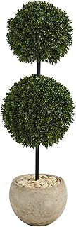 45in. Boxwood Double Ball Artificial Topiary Tree in Sand Colored Planter UV Resistant (Indoor/Outdoor)