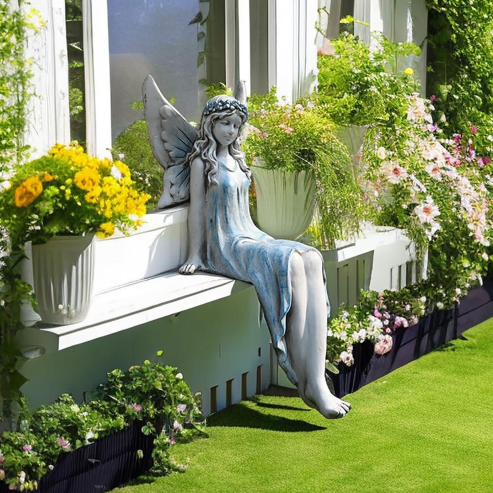 Elfen Gartenfiguren 62 cm / 3.2 kg Europäischer Stil Gartendeko für draußen wetterfest Große Feen Statue Teichdeko Geschenke für Gartenliebhaber,Magnesiumoxid,Blau