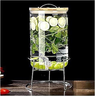 Dispensador de bebidas en frasco de vidrio, dispensador de bebidas de vidrio para refrigerador, dispensador de bebidas de vidrio con grifo, tapa de bambú y base para barbacoa, picnic, fiesta en la p
