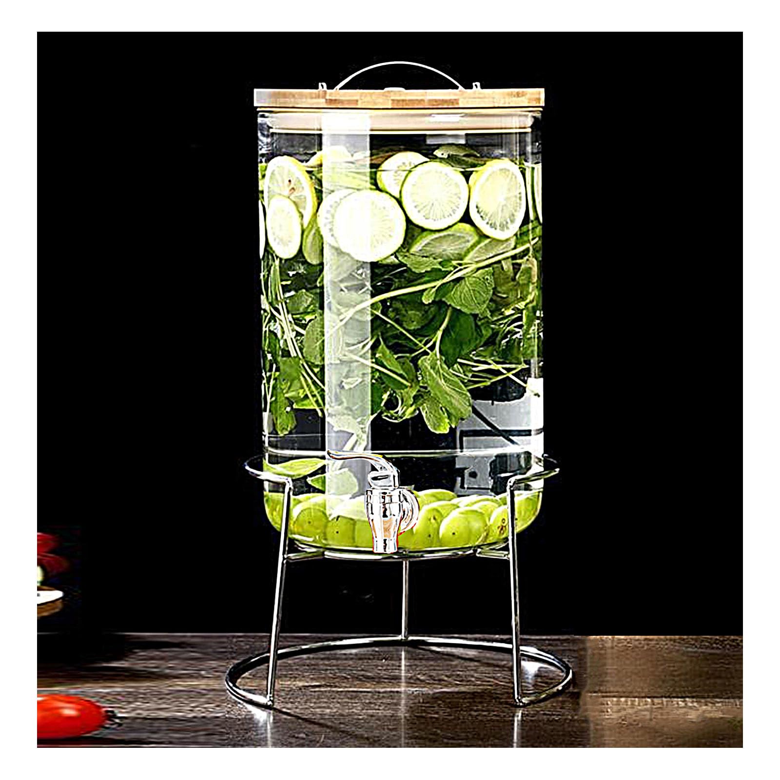 Getränkespender,Glaskaraffe,Getränkespender Aus Glas Mit Zapfhahn Aus Edelstahl Getränkekrug Mit Bambusbezug Und Basis Für Outdoor-Picknick-BBQ-Partys,A Faucet+Bracket,8L