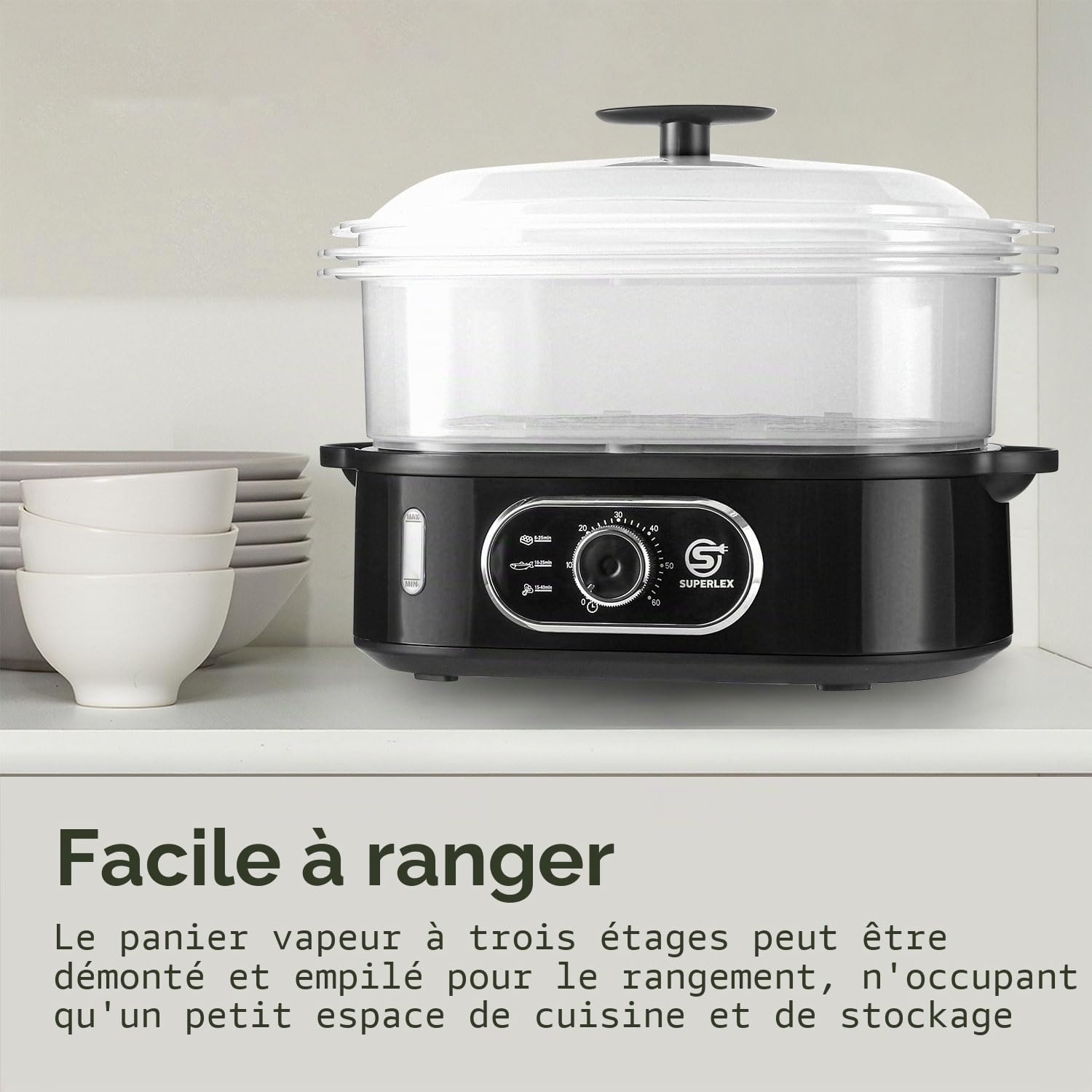 Cuiseur vapeur électrique à 3 niveaux, cuiseur à la vapeur pour légumes avec une capacité de 12 l, 3 bols de cuisson amovibles et couvercle, minuteur de 60 minutes, arrêt automatique, sans
